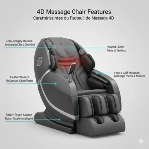 Infographic of a 4D massage chair showing premium features in both English and French for Canadian shoppers.