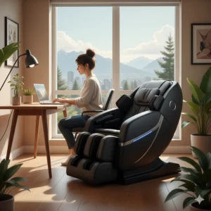 A sleek 4D massage chair positioned in a Vancouver home office to relieve stress for remote workers.