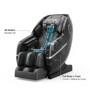 Detailed illustration of the 4D massage chair roller mechanism showing depth and rhythm adjustments for a personalized massage.
