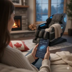 Close-up of a user adjusting 4D massage chair settings via a smartphone app in a cozy, Canadian-style den.