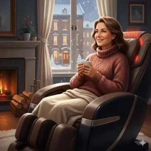 A Canadian homeowner enjoying a 4D massage chair with a heated backrest during a cold winter evening in Montreal.