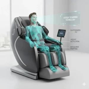 Digital rendering of AI body scanning technology in a massage chair to provide a customized recovery session for different athlete builds.