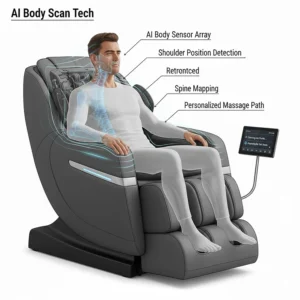 Illustration of AI body scanning technology adjusting rollers for a taller user's neck and shoulder alignment.