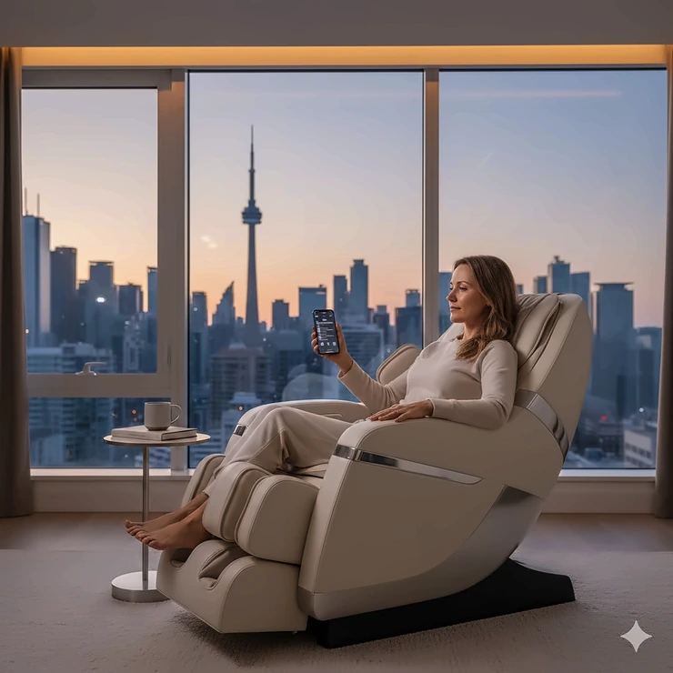 A person relaxing in a premium app controlled massage chair in a modern Canadian living room with a smartphone in hand.