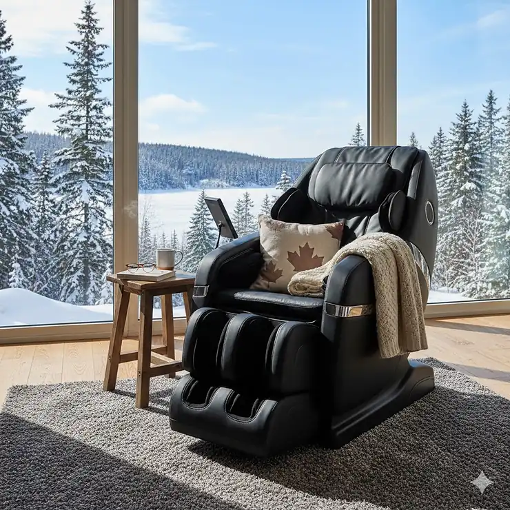 A luxury black 4D massage chair in a modern Toronto home with a view of a snowy garden, offering full-body relaxation.
