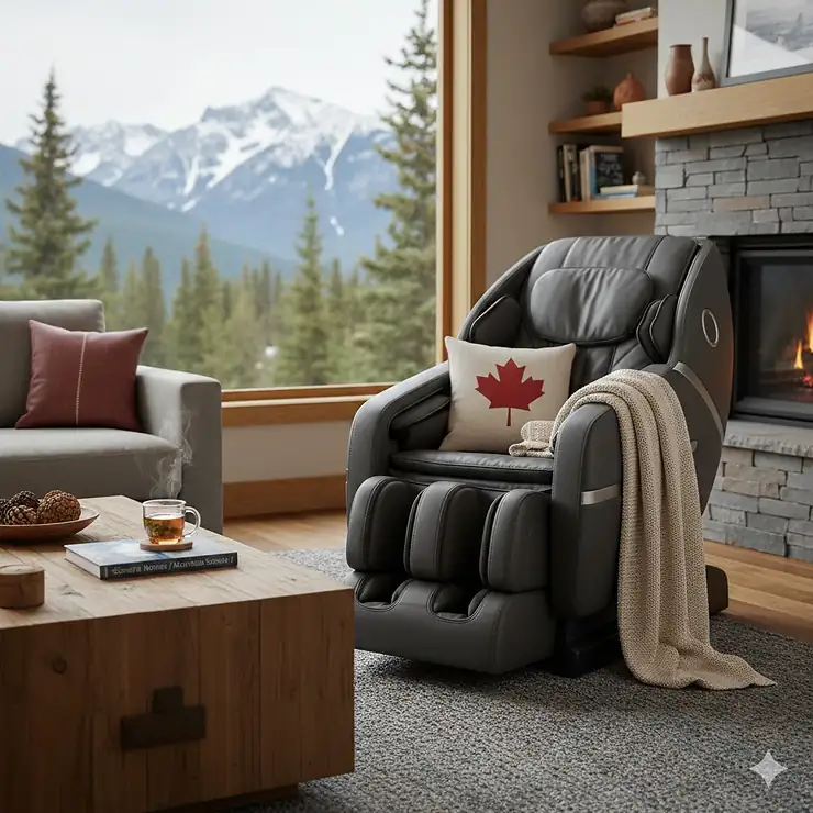 A modern L-track massage chair in a cozy Vancouver-style living room with mountain views.