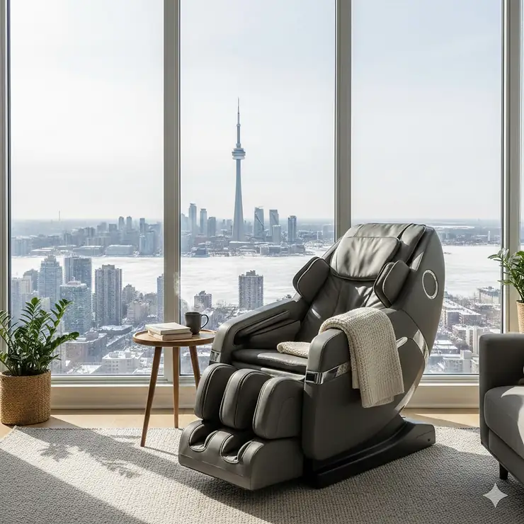 A high-end luxury massage chair in a modern Toronto living room with floor-to-ceiling windows showing a snowy landscape.