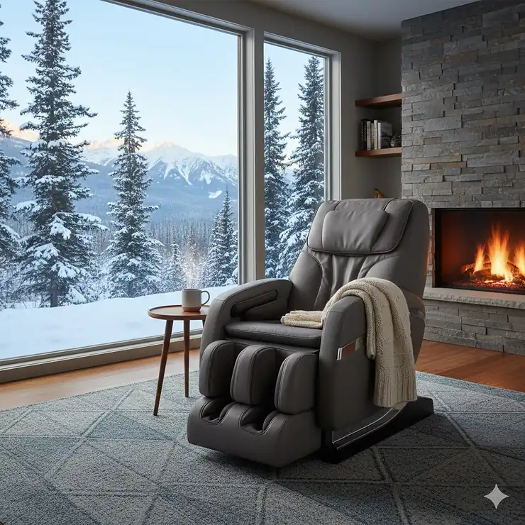 A premium modern massage chair in a cozy Canadian home with a view of a snowy landscape, providing the best massage chair experience.