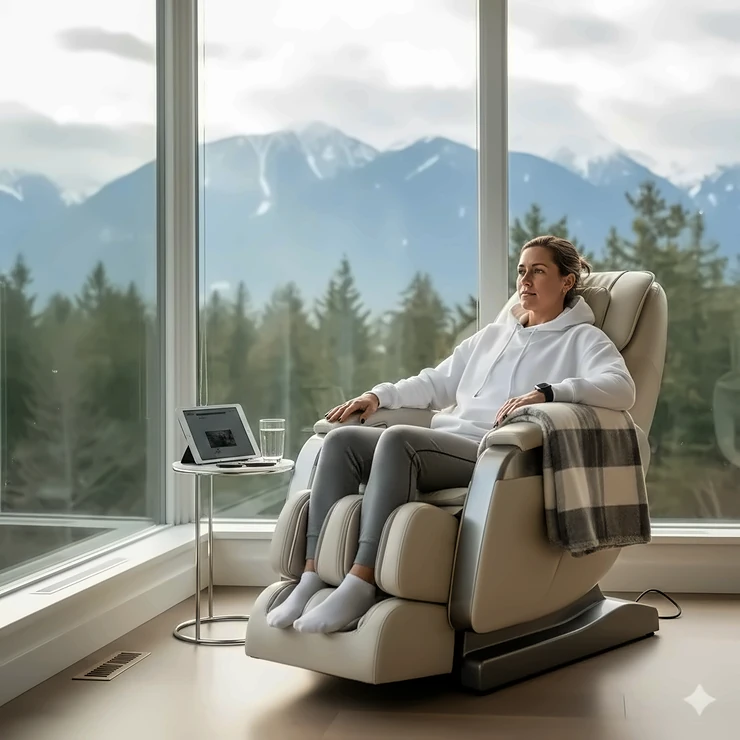 A professional athlete recovering in a high-end massage chair in a Vancouver home with mountain views, highlighting the best recovery tech for Canadians.