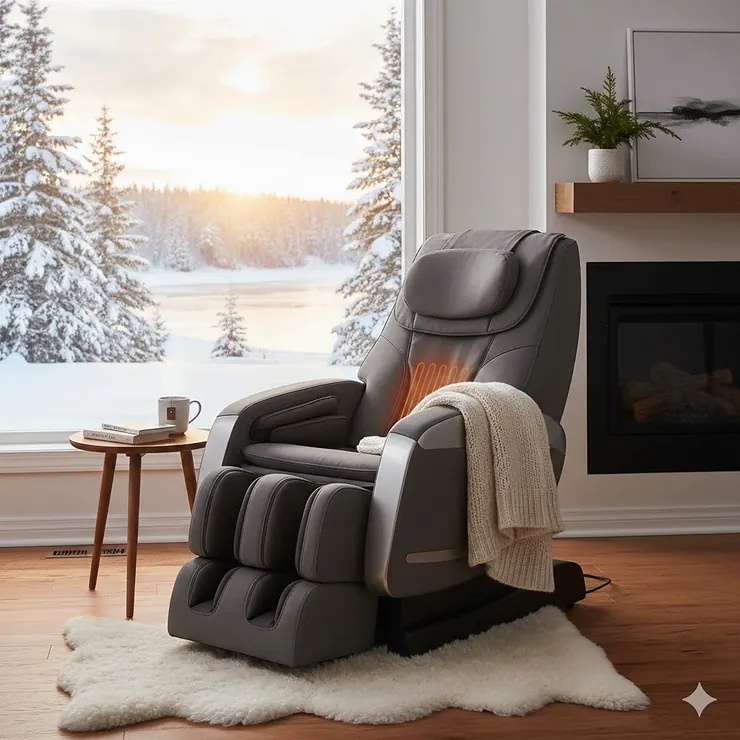 A modern ergonomic massage chair for back pain in a Canadian living room with a snowy window view, providing lumbar relief.