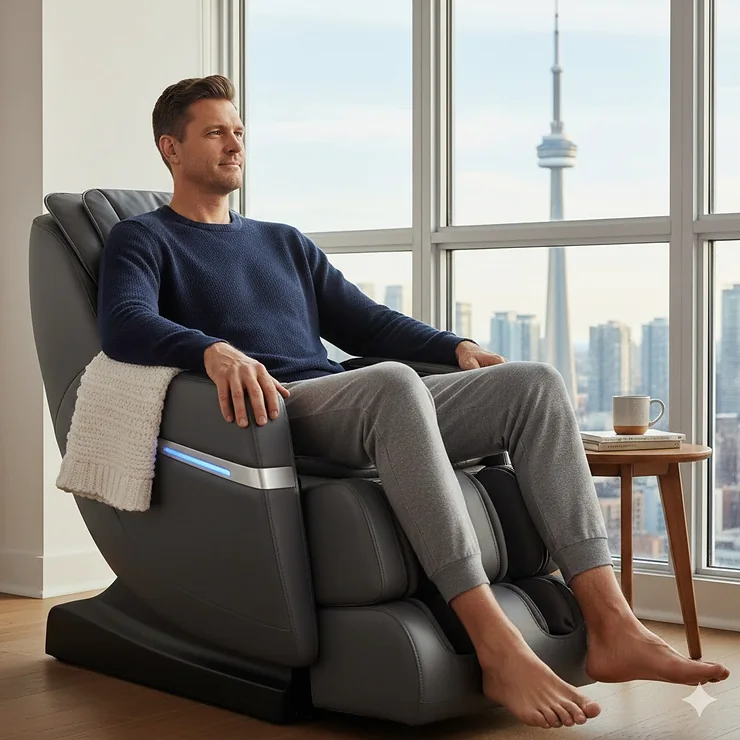 A tall Canadian man relaxing in a specialized massage chair with extended legrest in a modern Toronto living room.