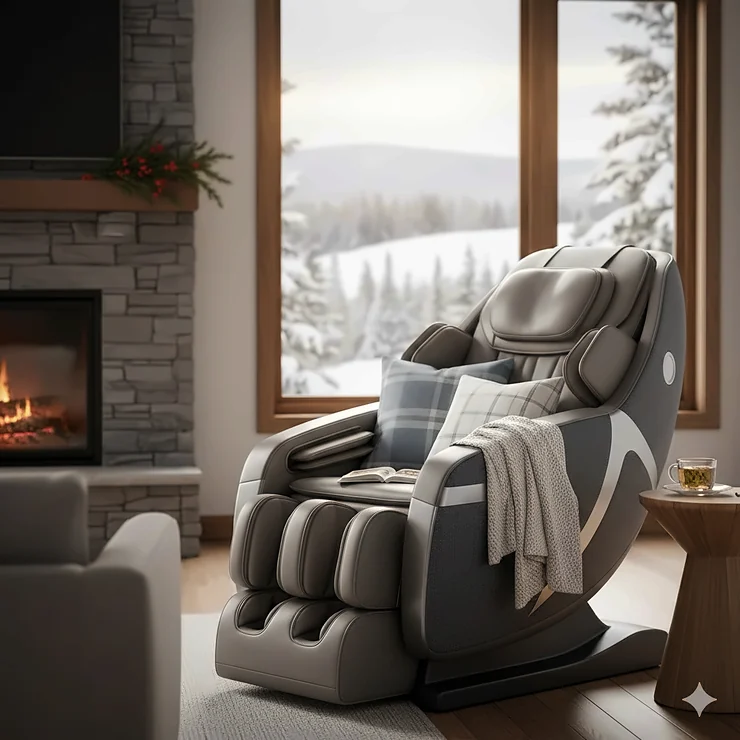 A premium ergonomic massage chair for sciatica relief in a cozy Canadian home with a winter landscape visible through the window.