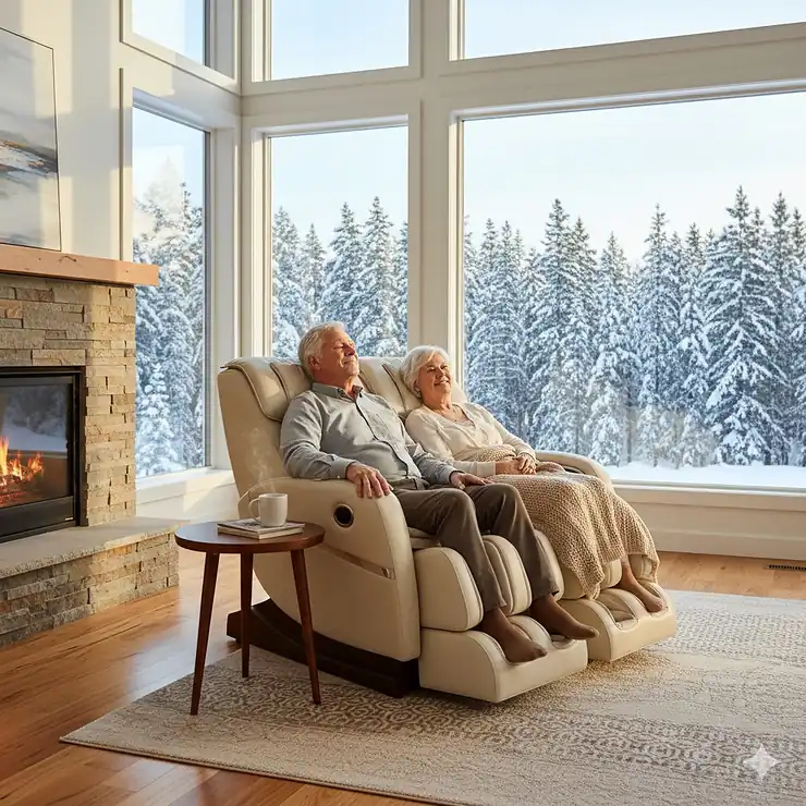 An elderly Canadian couple relaxing in a modern massage chair in a bright, sunlit living room with a view of snow-covered pine trees.