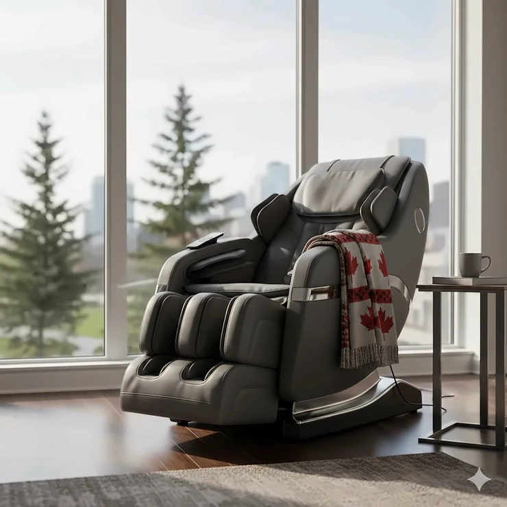 A luxury zero-gravity massage chair under $2000 in a modern Toronto living room, offering affordable full-body wellness for Canadians.