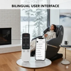 Close-up of a digital remote for a zero gravity massage chair with bilingual English and French settings for Canadian consumers.