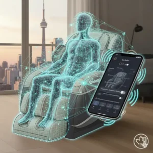 Illustration showing seamless Bluetooth and Wi-Fi connectivity between a smartphone and a massage chair.