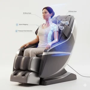 Digital illustration showing a body scan massage chair mapping a user's spine for custom pressure point alignment.