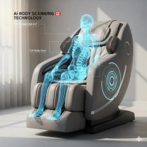 Digital illustration of AI body scanning technology in an affordable massage chair for a customized fit.