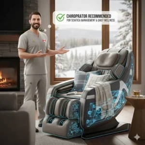 Professional illustration of a healthcare expert recommending a massage chair for sciatica management and daily wellness.