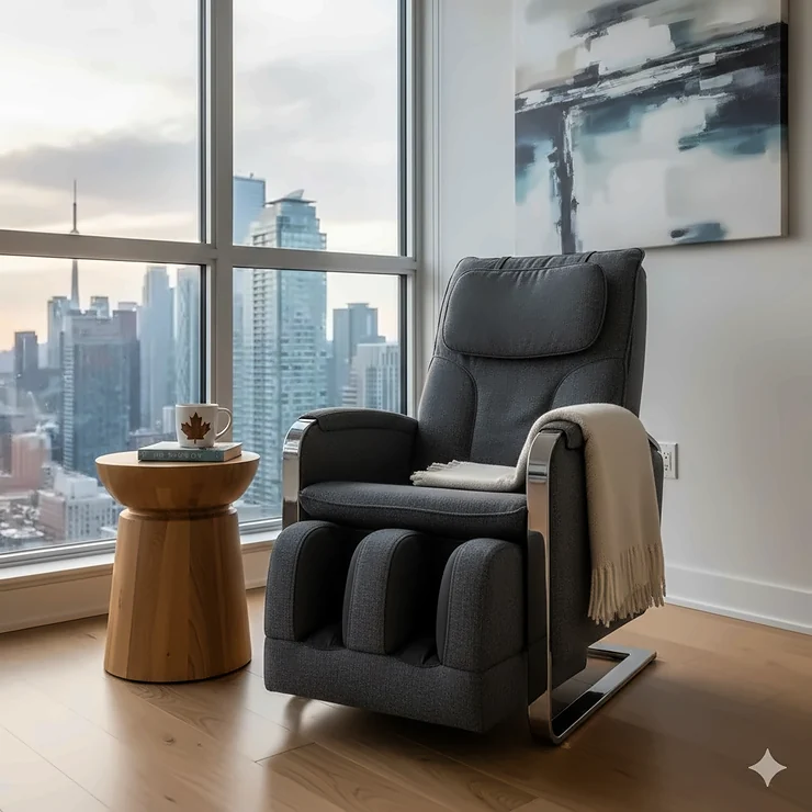 A modern compact massage chair styled in a contemporary Canadian condo living room with city views.
