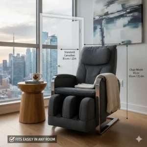 Infographic showing the dimensions of a compact massage chair fitting through a standard Canadian doorway.