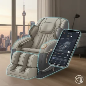 Space-saving design of an app controlled massage chair ideal for urban Canadian apartments and condos.