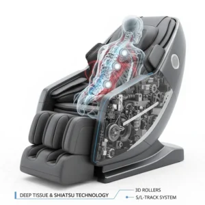 Diagram of deep tissue massage chair rollers providing targeted relief for athletic muscle soreness and spinal alignment.