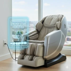 A luxury massage chair featuring a digital overlay of Energy Star and Canadian electrical safety certification icons.