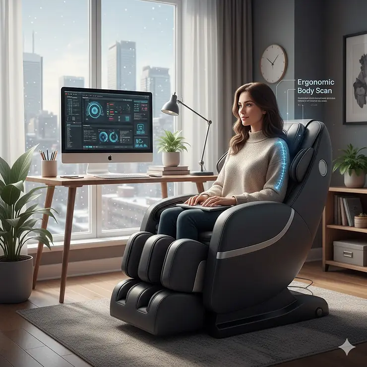 A home office setup in Toronto featuring a body scan massage chair to relieve back pain from remote work.