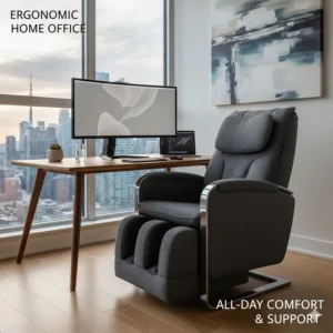 Ergonomic compact massage chair used as a desk companion in a home office setup.