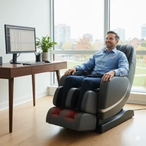A professional using an L-track massage chair for a break in a modern Canadian home office.