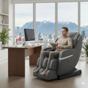 A sleek, space-saving massage chair for tall person styled in a Vancouver high-rise condo home office.