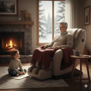 A warm illustration of a grandfather using a massage chair while his grandson sits nearby, emphasizing aging in place.