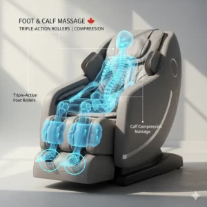 Illustration highlighting triple-action foot rollers and calf compression in a sub-$2000 massage chair.
