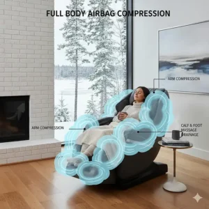 Illustration of a zero gravity massage chair's air compression system targeting the arms, calves, and feet for lymphatic drainage.