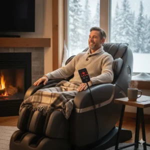 A Canadian homeowner enjoying a heated L-track massage chair during a snowy Ontario winter.