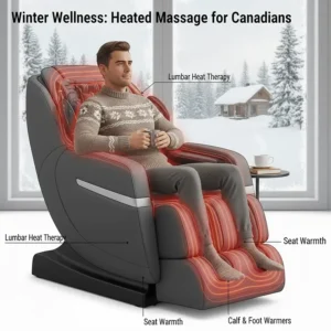 Illustration of a heated massage chair providing warmth during a Canadian winter, perfect for tall users with back muscle tension.