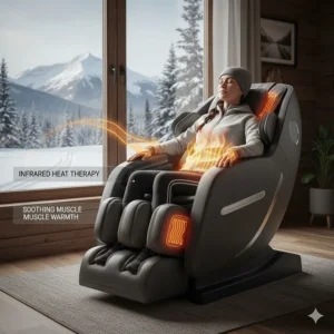 Illustration of a massage chair with integrated heat therapy, ideal for Canadian athletes recovering in cold winter climates.