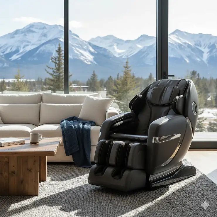 A premium heavy duty massage chair in a modern Canadian home, offering deep tissue relief and wellness during cold winter months. (Fauteuil de massage robuste)