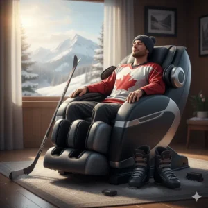 A Canadian athlete using a heavy duty massage chair for muscle recovery after a day of skiing or hockey.
