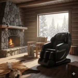 A heavy duty massage chair styled in a rustic Muskoka cottage setting, blending comfort with Canadian wilderness vibes.