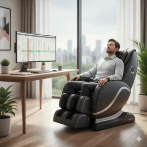 A sleek heavy duty massage chair placed in a Canadian home office to alleviate back pain from long work hours.