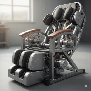 A detailed view of the reinforced steel frame of a heavy duty massage chair built for long-lasting performance.