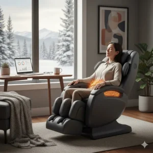 A Canadian professional using a massage chair for back pain relief after a long day of remote work.