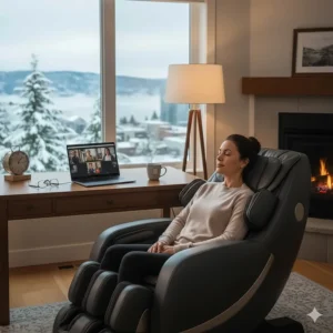 A professional woman relaxing in a massage chair in a home office setting with a snowy Vancouver coastal view.