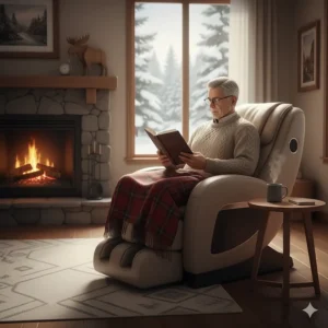 A cozy Canadian den featuring a massage chair, a warm plaid throw blanket, and a senior reading a book comfortably.