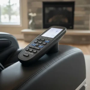 Close-up of an L-track massage chair remote with English and French (Français) instructions.
