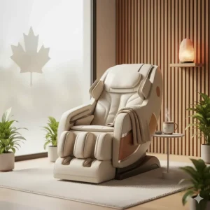 A serene wellness space featuring an L-track massage chair with soft lighting and maple decor.