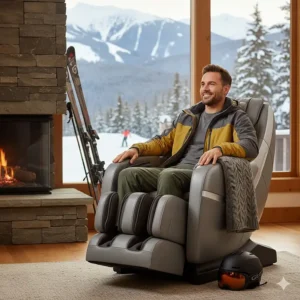 An athlete using an L-track massage chair for muscle recovery after skiing in Whistler.