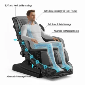 Illustration of an extra-long SL-track showing roller coverage from the neck to the hamstrings for taller frames.